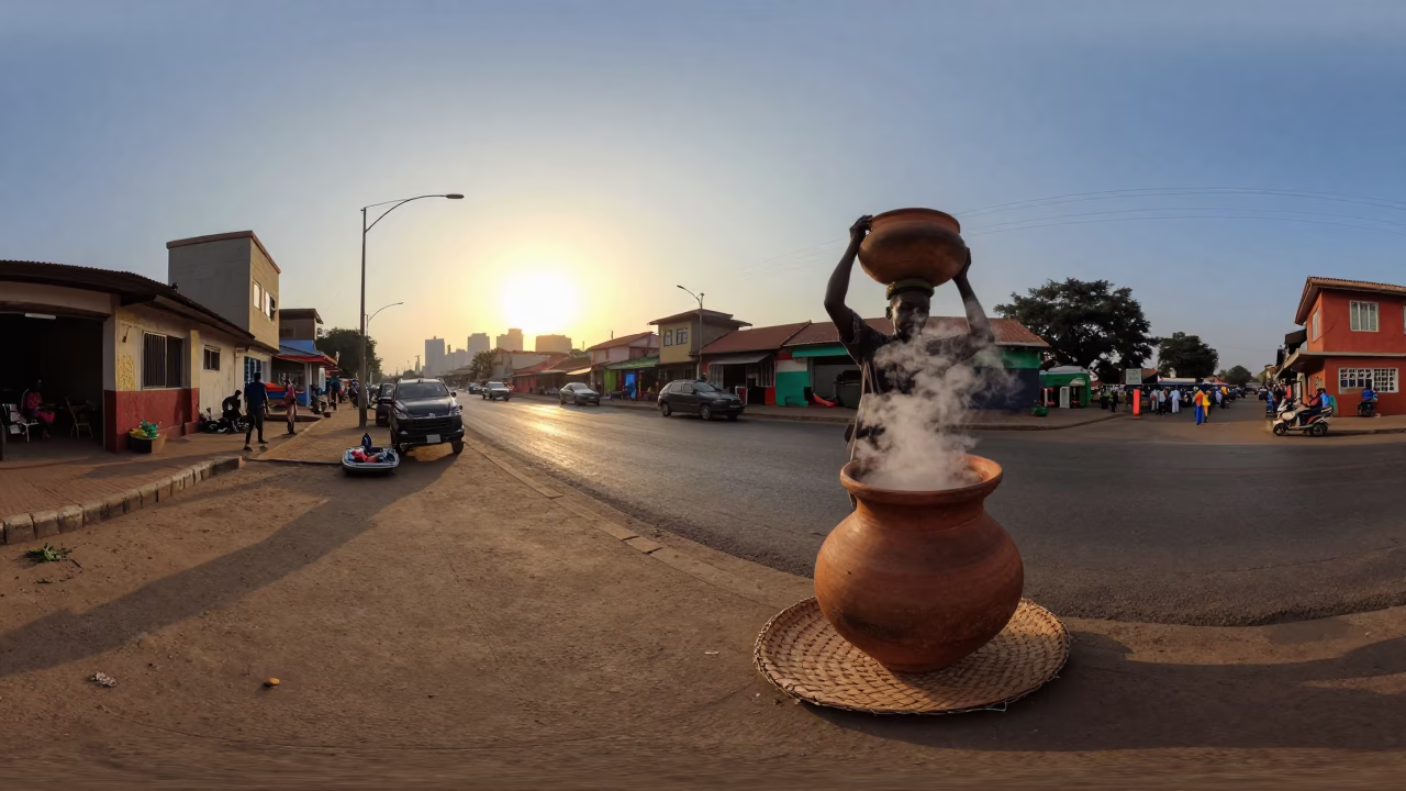 Accra Ghana Sunset Street Scene with Clay Pot and Local Market Activity in in Accra, Ghana