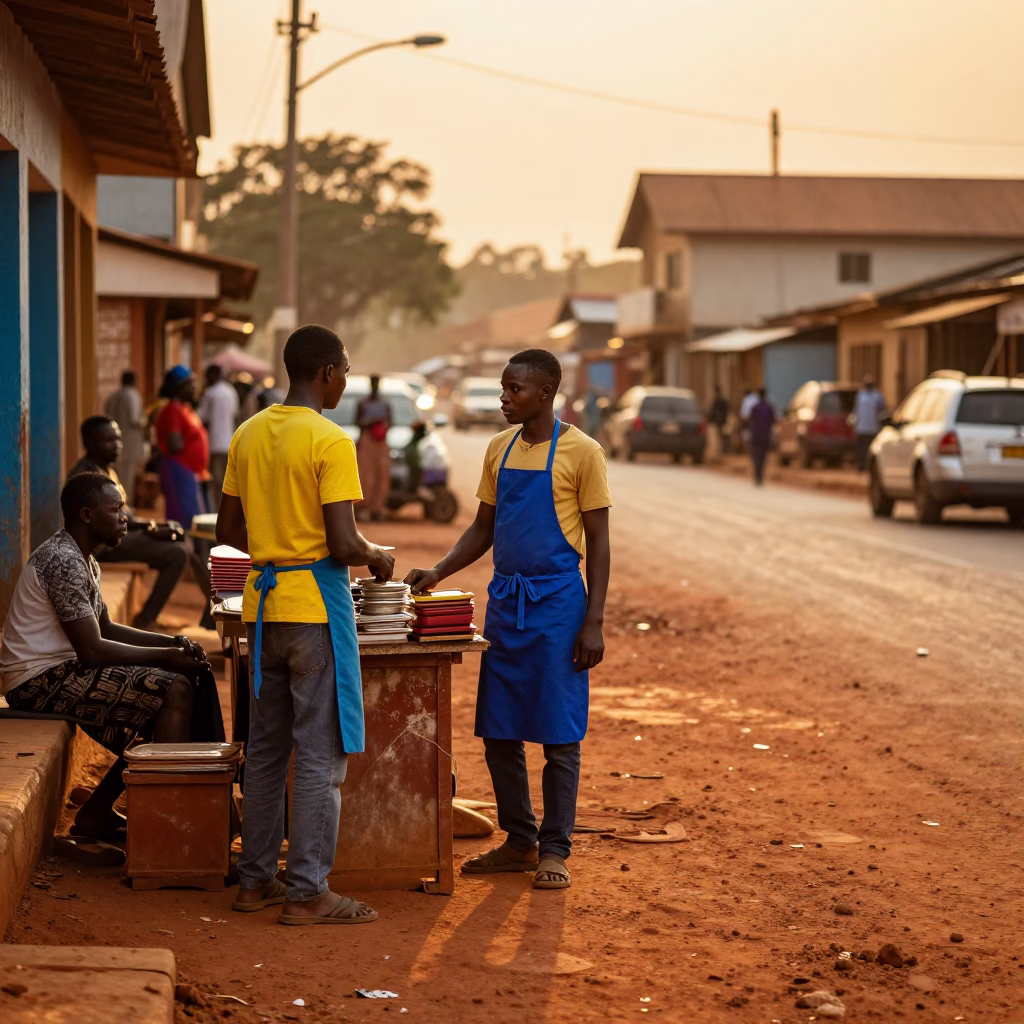 Accra Ghana Sunset Street Scene with Colorful Aprons and Local Market Life in in Accra, Ghana