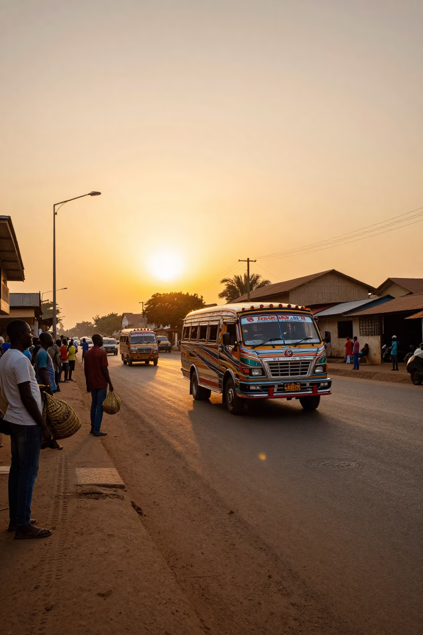Accra Ghana Sunset Street Scene with Colorful Matatu and Local Market Activity in in Accra, Ghana