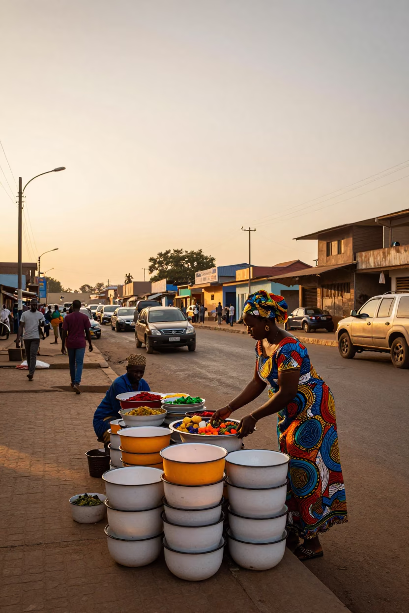 Accra Ghana Sunset Street Scene with Enamel Bowls and Local Commerce in in Accra, Ghana