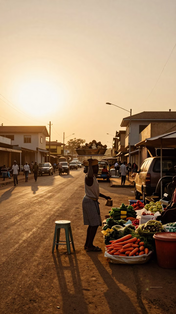 Accra Ghana Sunset Street Scene with Kitchen Stool and Carrots at Market in in Accra, Ghana