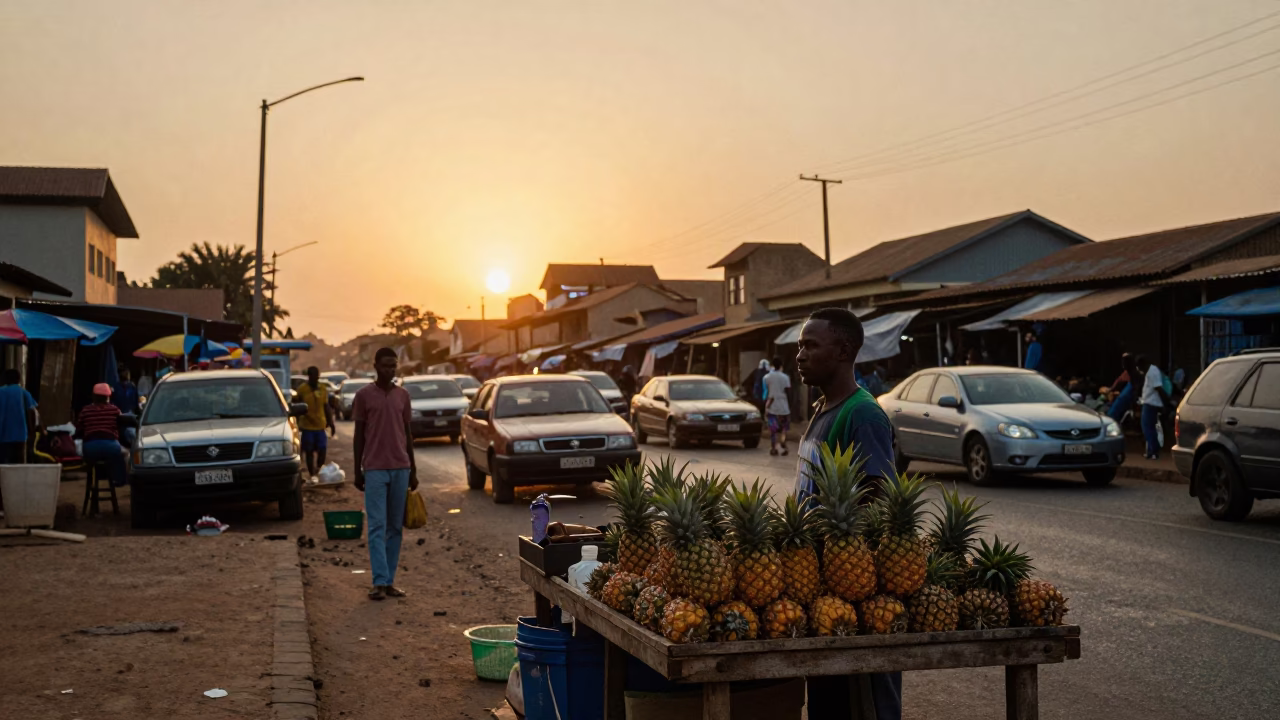 Accra Ghana Sunset Street Scene with Local Vendor and Traffic in in Accra, Ghana