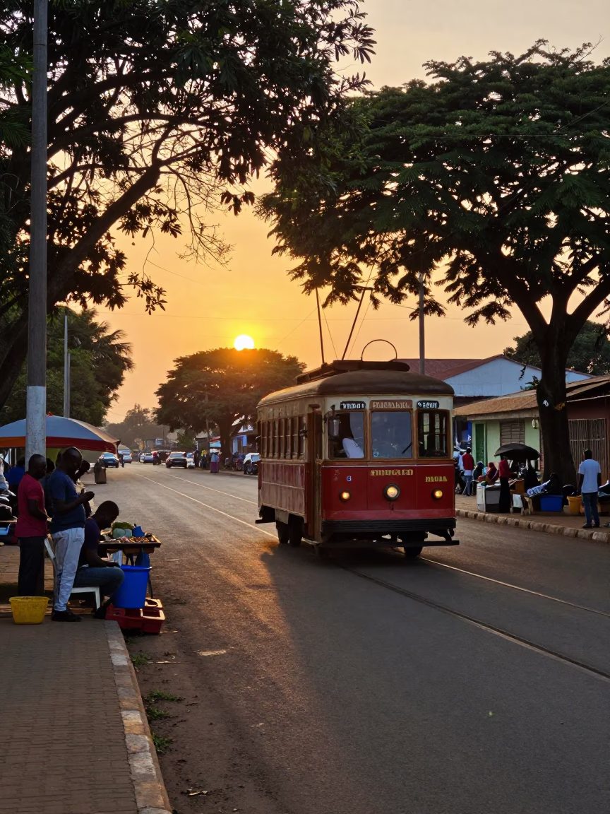 Accra Ghana Sunset Street Scene with Old Trolley and Local Market Activity in in Accra, Ghana