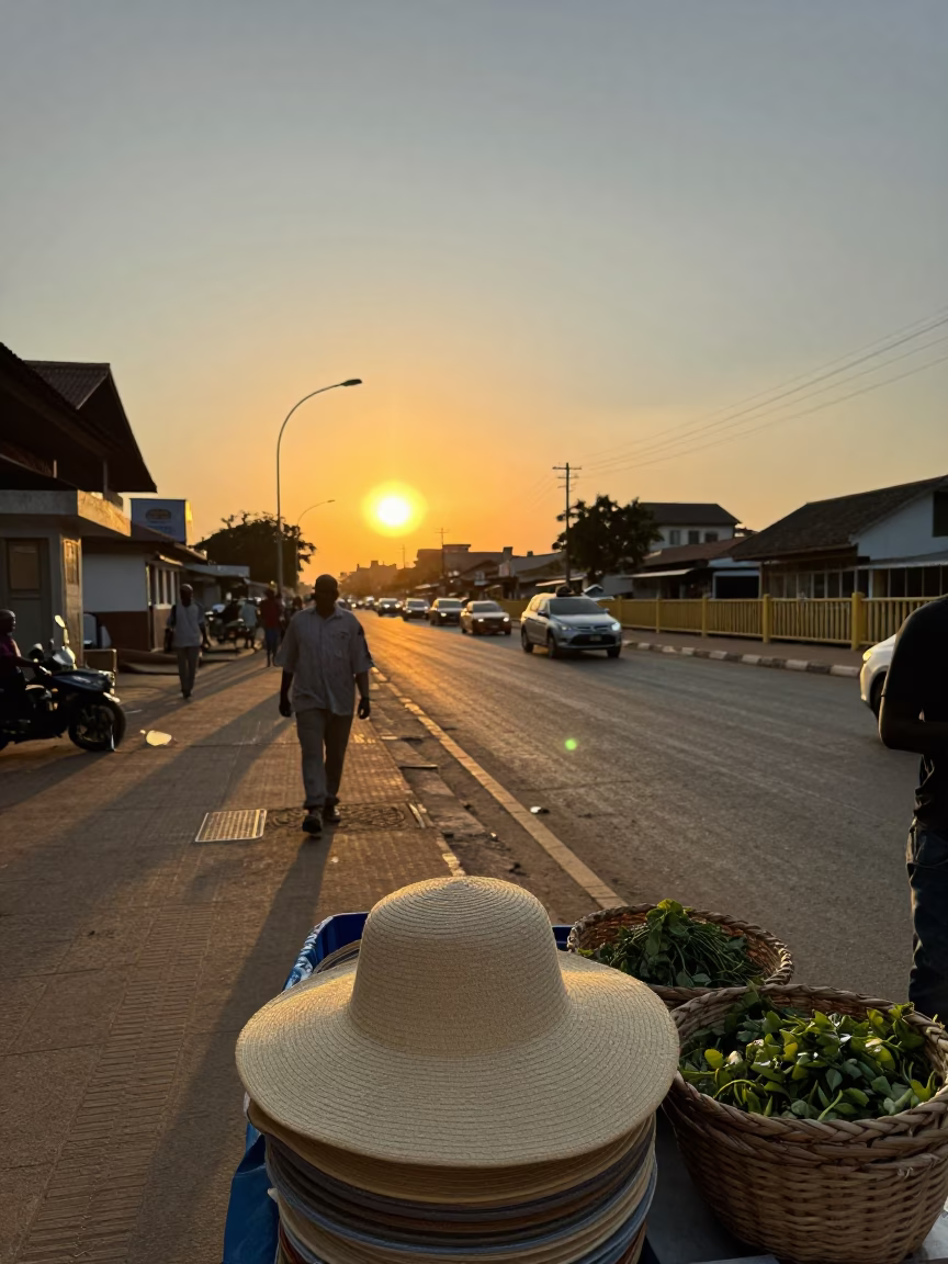 Accra Ghana Sunset Street Scene with Sun Hat and Bridge Pier Floodwater in in Accra, Ghana