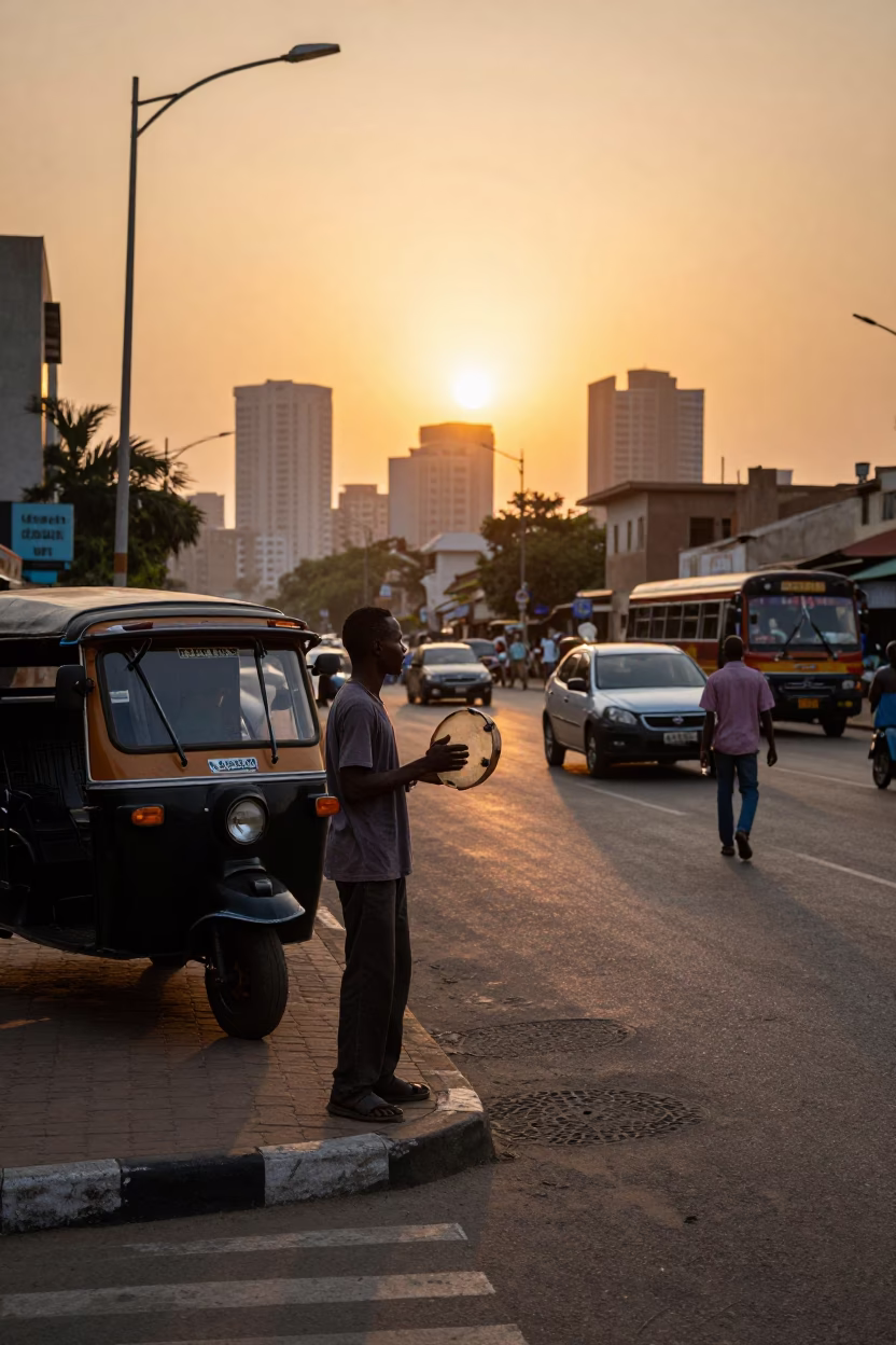 Accra Ghana Sunset Street Scene with Tambourine Player and Urban Landscape in in Accra, Ghana