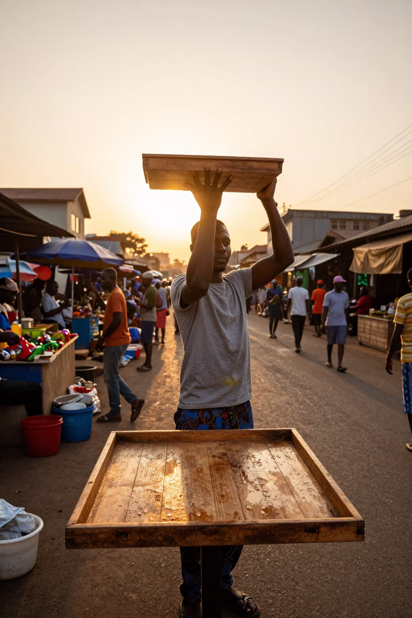 Accra Ghana Sunset Street Scene with Wooden Tray and Condensation in in Accra, Ghana