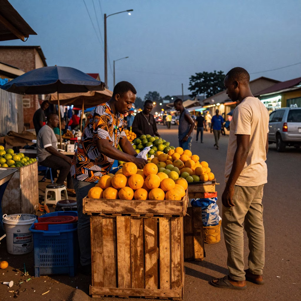 Accra Ghana Twilight Street Market Scene with Oranges and Local Commerce in in Accra, Ghana