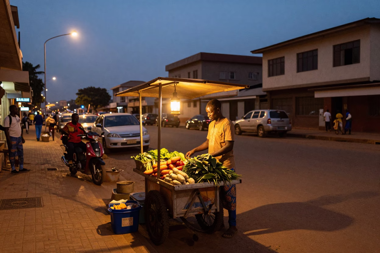 Accra Ghana Twilight Street Scene with Local Vendor and Brown Dog in in Accra, Ghana