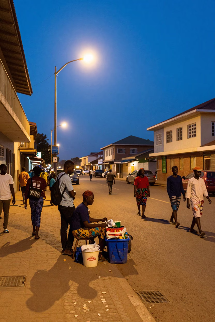 Accra Ghana Twilight Street Scene with Vendor and Local Architecture in in Accra, Ghana
