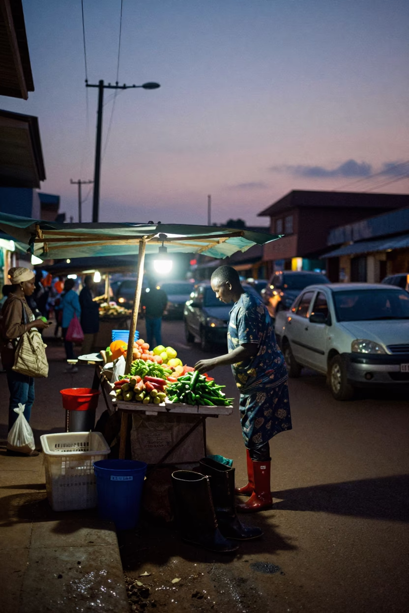 Accra Ghana Twilight Street Scene with Vendor and Rain Boots in in Accra, Ghana