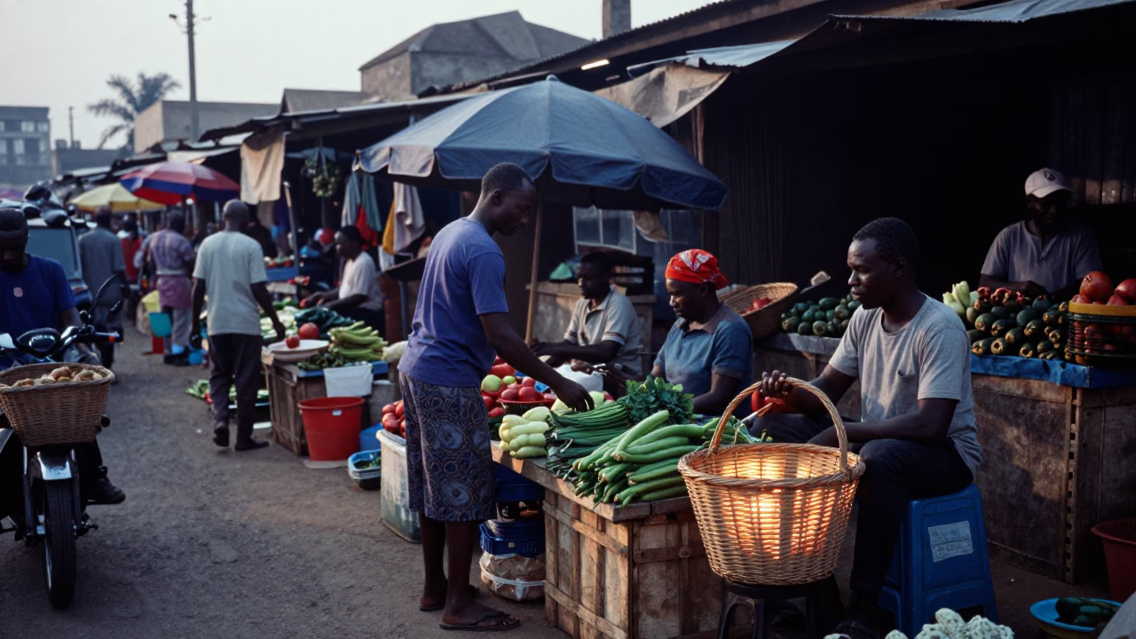 Accra Market Activity at Sunrise Light in in Accra, Ghana