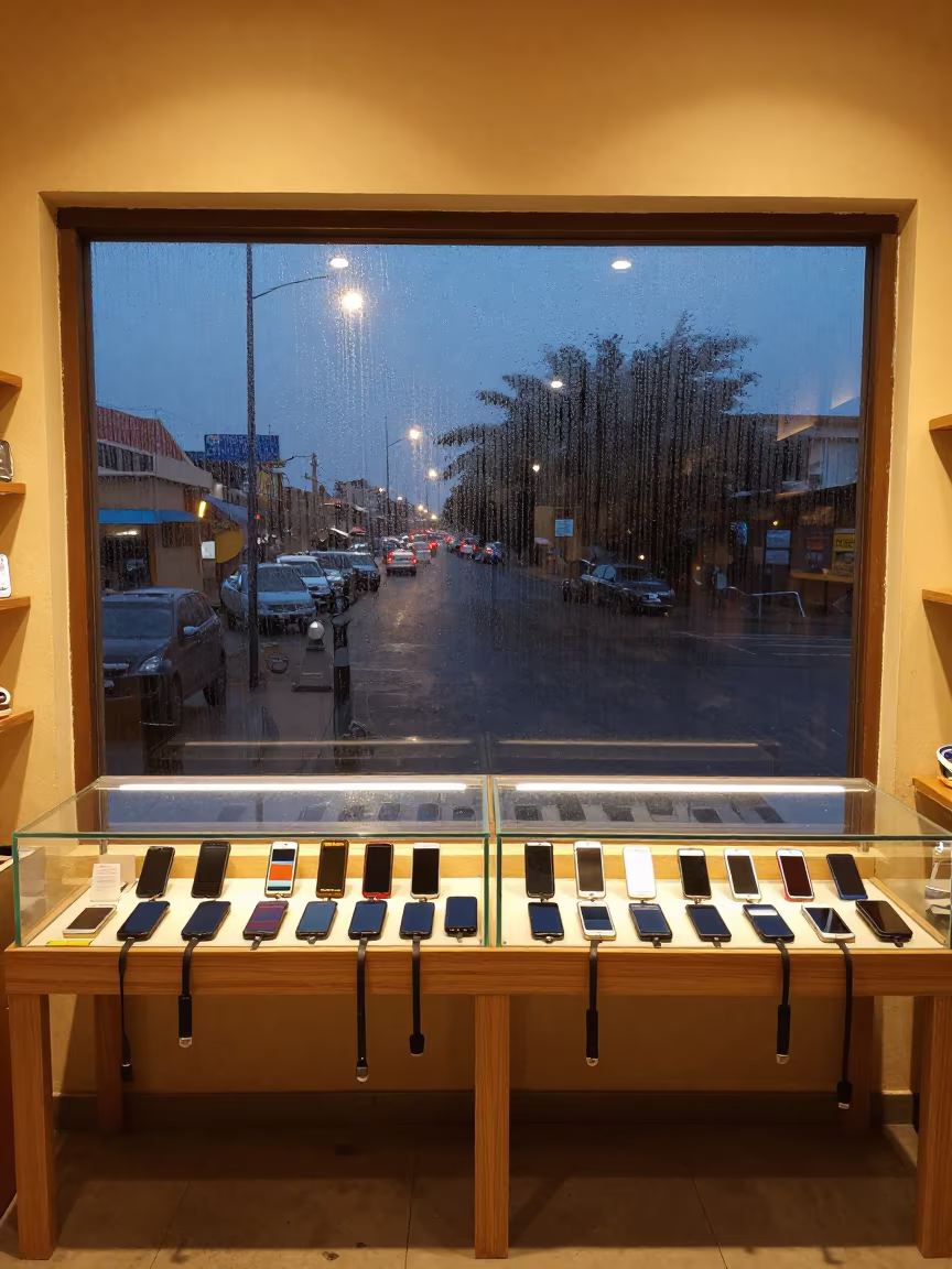Accra Mobile Store Display with Condensation in inside a storefront prepared for opening in Makola Market, Accra