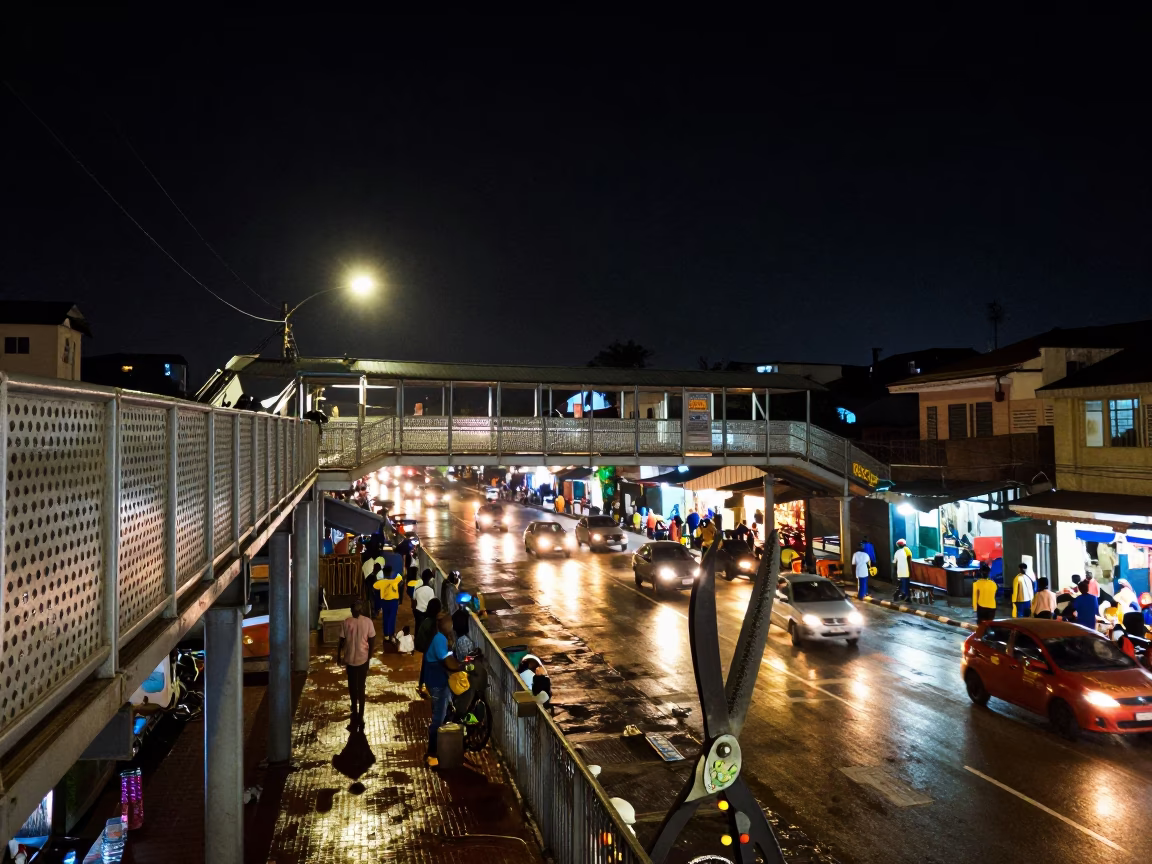 Accra Night Market Pedestrian Overpass with Tailor Shears and Local Street Food in in Accra, Ghana