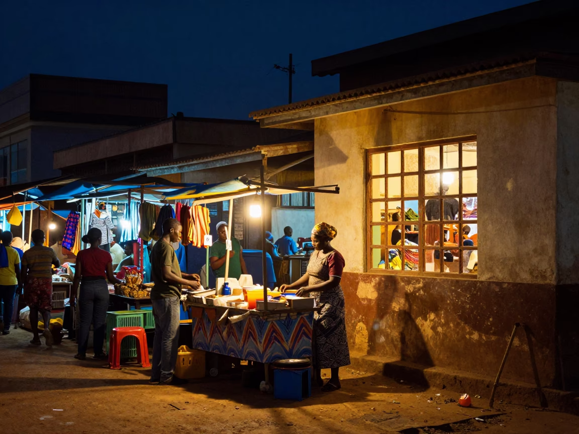 Accra Night Market Street Scene with Window Light and Local Interaction in in Accra, Ghana