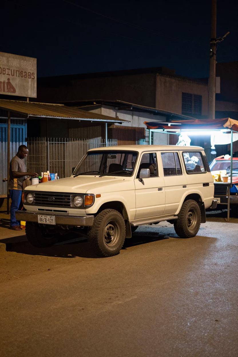 Accra Night Street Scene with Vintage SUV and Local Interaction in in Accra, Ghana