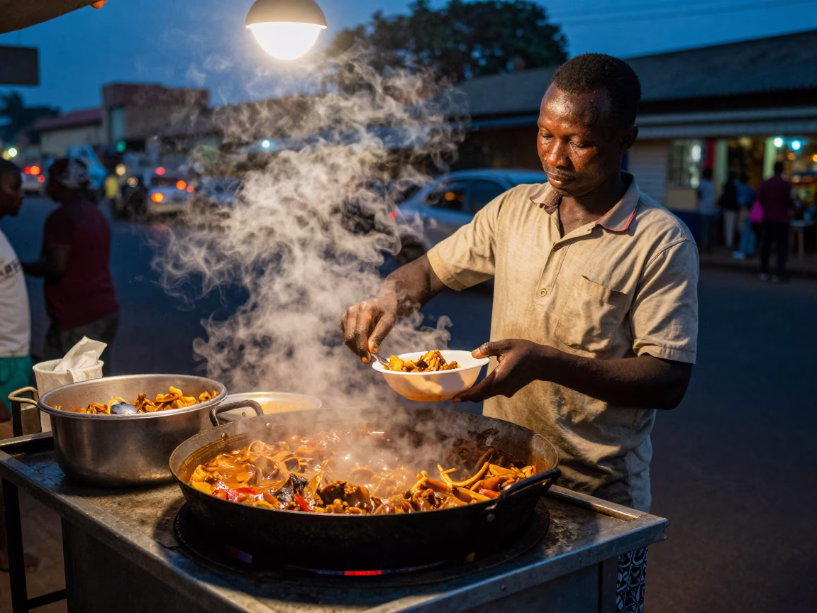 Accra street food vendor serving stew under mixed city lights at night in in Accra, Ghana