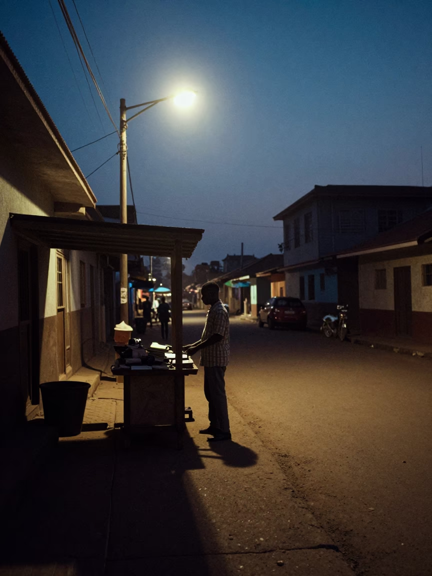 Accra Street Scene at The Predawn Darkness Light in in Accra, Ghana