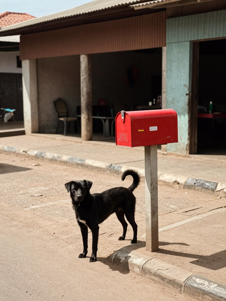 Accra street scene with dog and mailbox in clear afternoon light in in Accra, Ghana