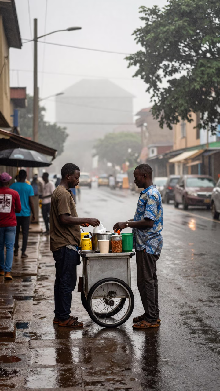 Accra Street Vendor Selling Tea After Morning Rain With Woven Baskets in in Accra, Ghana