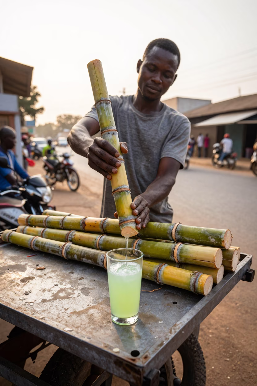 Accra Sugarcane Juice at The Late Afternoon Light in in Accra, Ghana