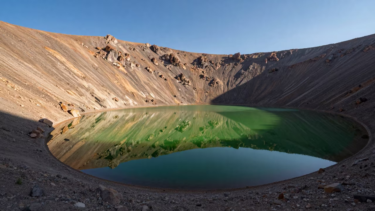 Acid Green Lake in Volcanic Crater Colorado in along a wave-cut shoreline in Colorado