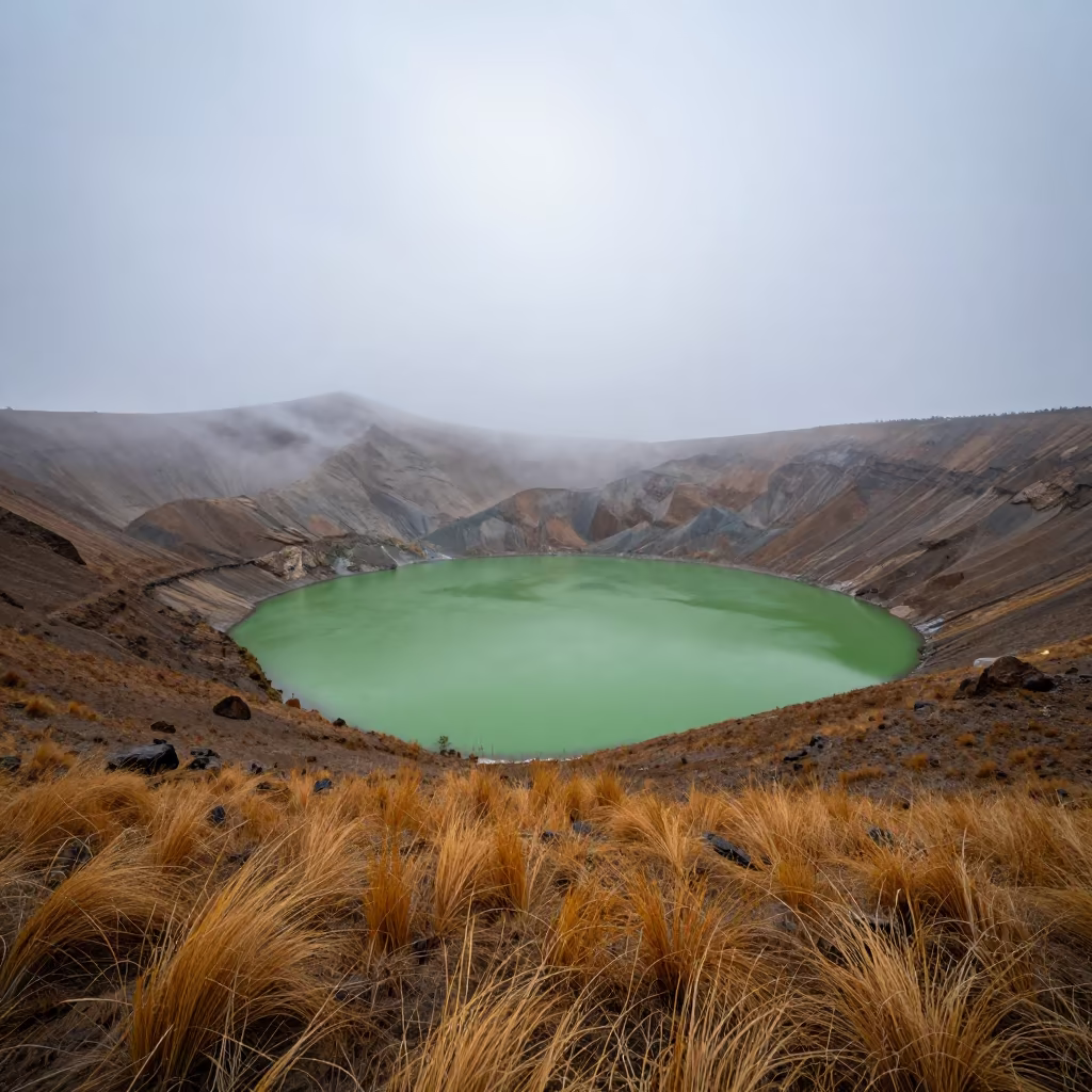 Acid Green Lake in Volcanic Crater Leh Autumn in across a floodplain after rain near Leh