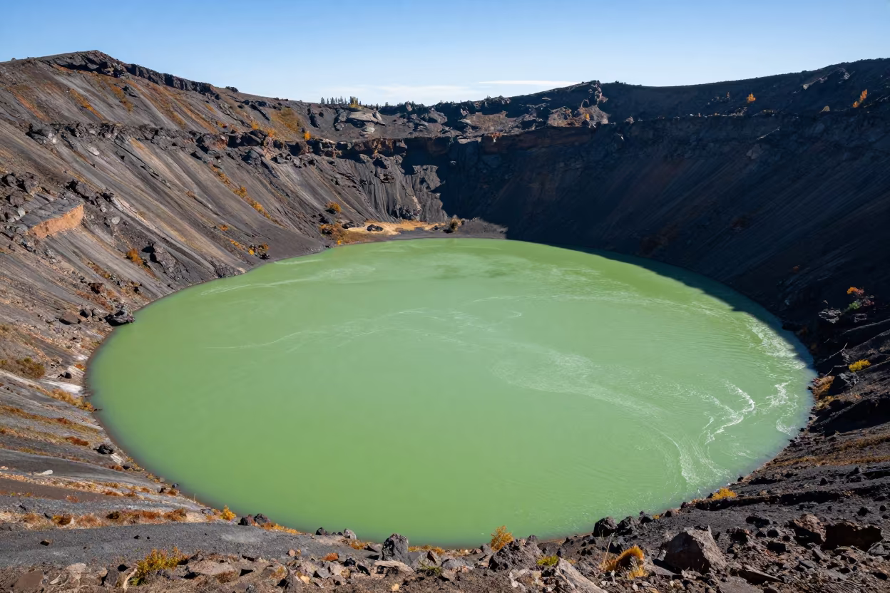 Acid Green Lake in Volcanic Crater Strathcona in across a wide valley floor near Strathcona, Vancouver