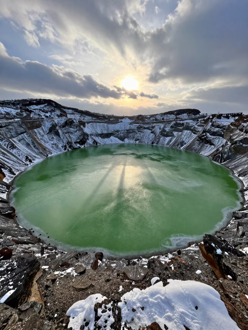 Acid Green Lake in Winter Volcanic Crater Near Almaty in near Almaty