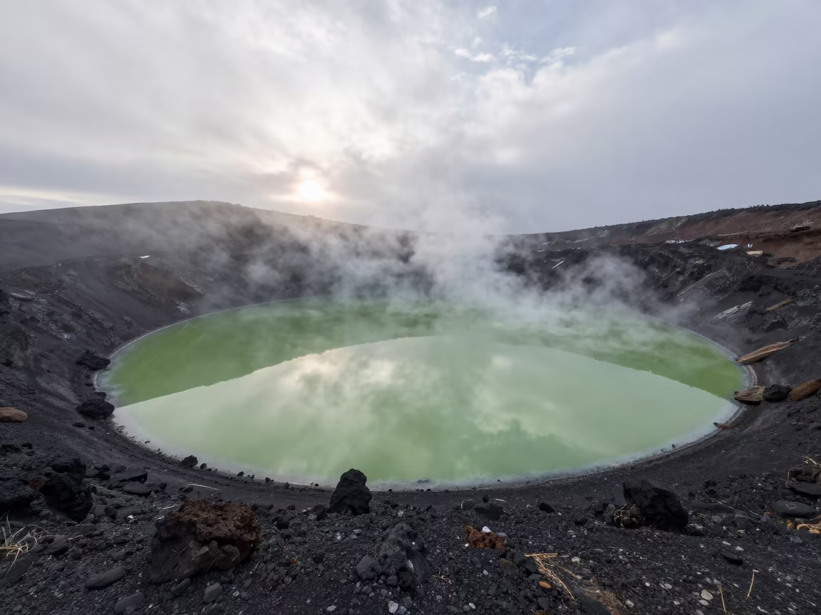 Acid Green Lake in Winter Volcanic Crater in along a wave-cut shoreline near Tbilisi