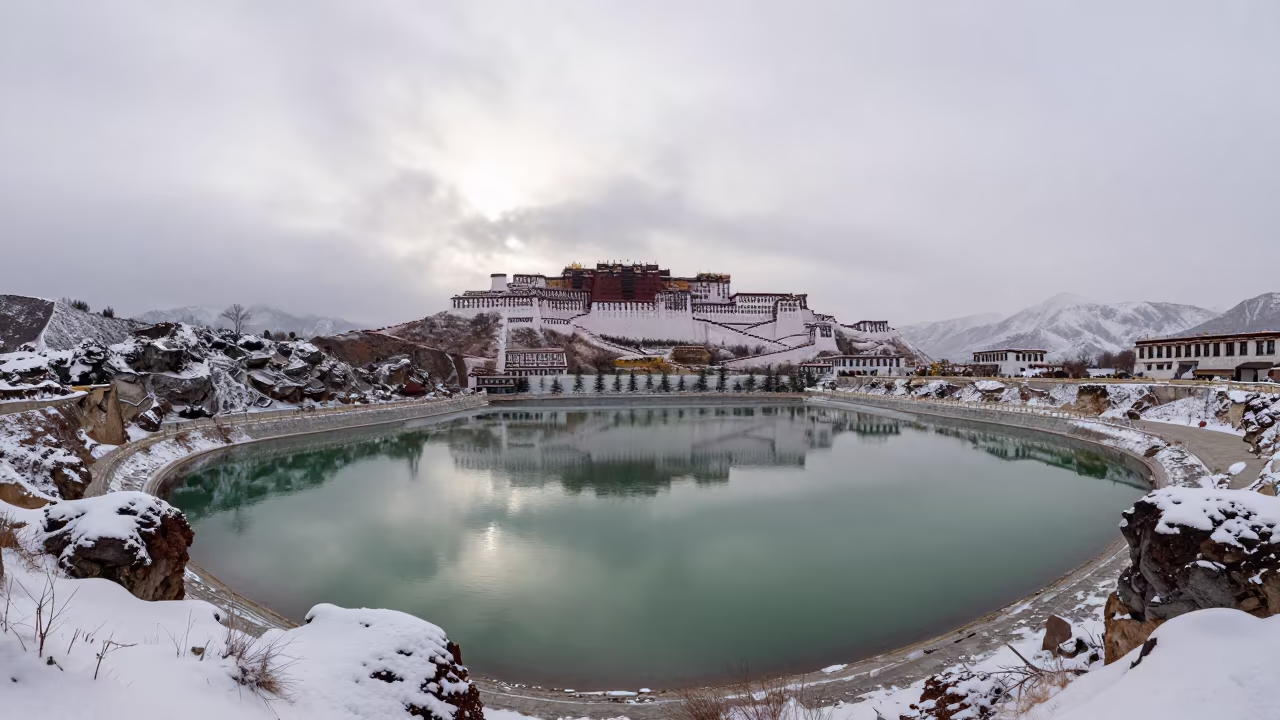 Acid Green Volcanic Lake in Winter Valley in across a wide valley floor near Potala, Lhasa