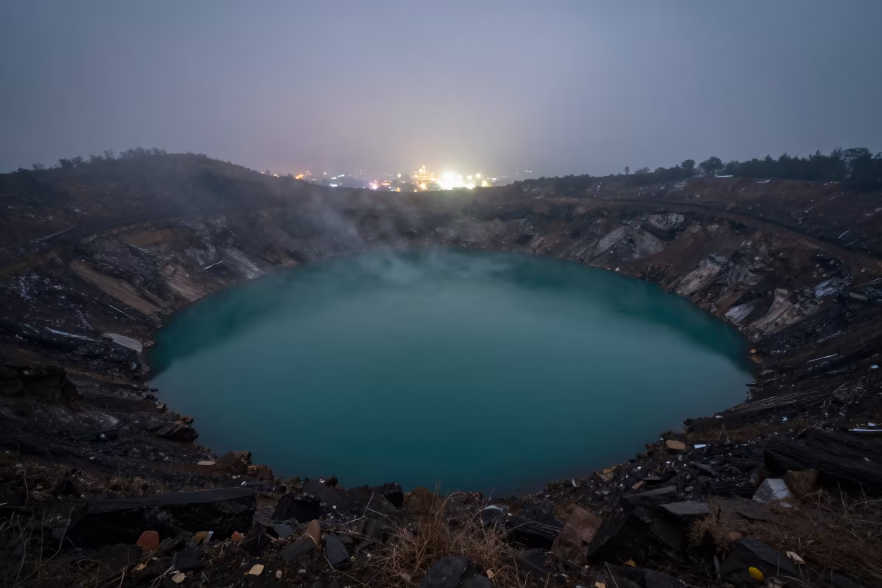Acid Lake in Volcanic Crater Winter Mist in across a floodplain after rain in Himachal Pradesh