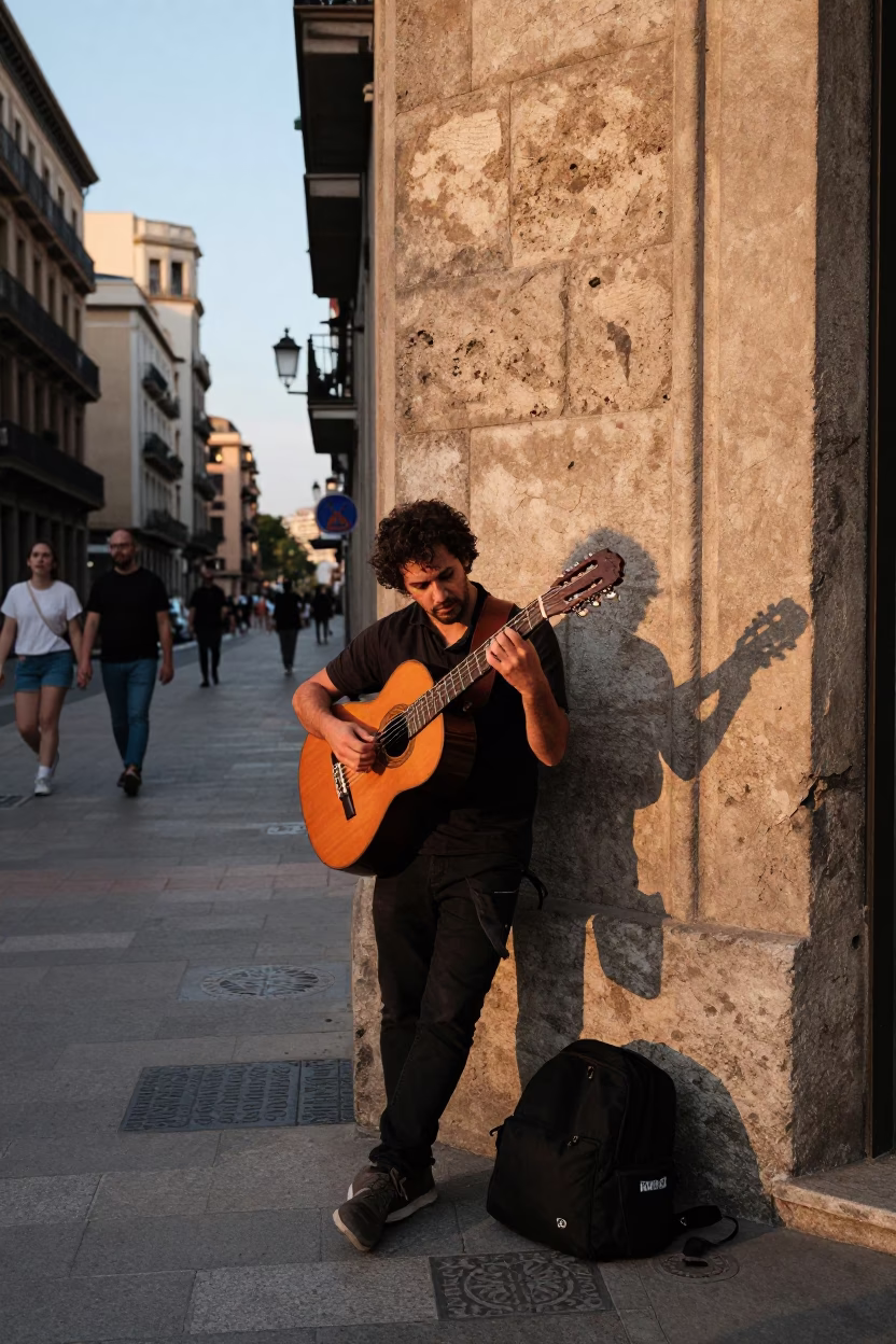 Acoustic Guitar in Barcelona at Golden Hour in in Barcelona, Spain