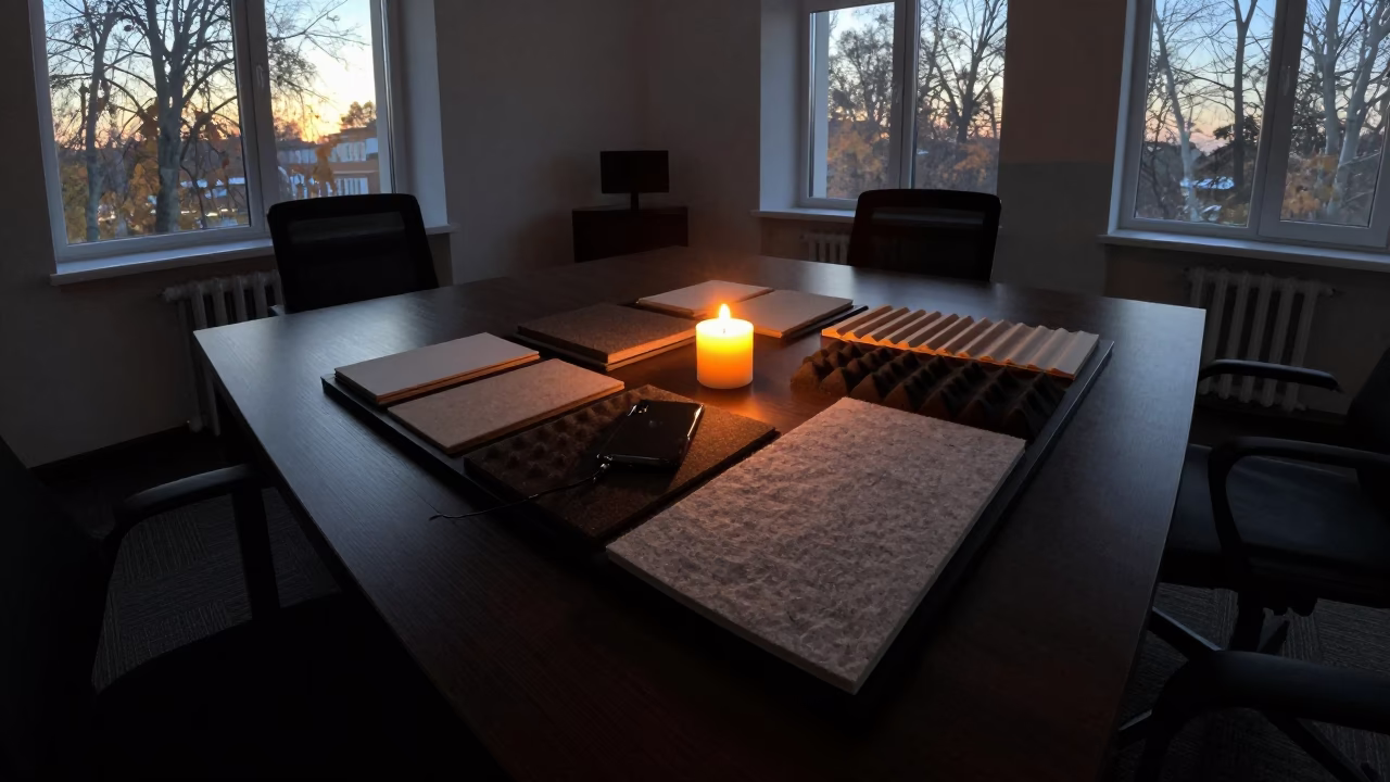 Acoustics Board in Candlelight Before Dawn in at a boardroom table before a meeting in Nizhny Novgorod