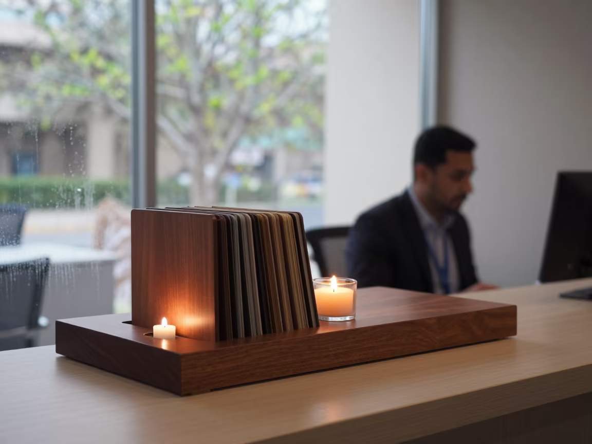 Acoustics Board in Muscat Office at Dusk in at an office reception desk near Muscat