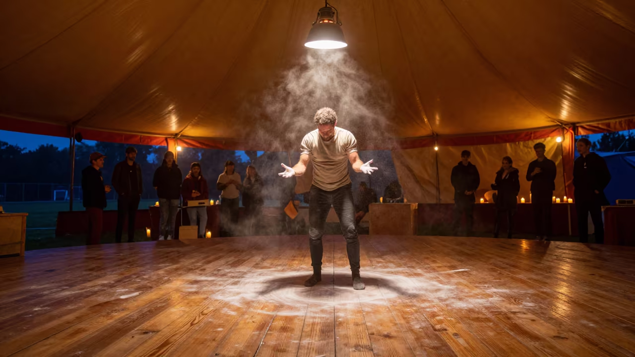 Acrobat Chalking Hands Under Circus Lamp in under a circus tent in Avignon
