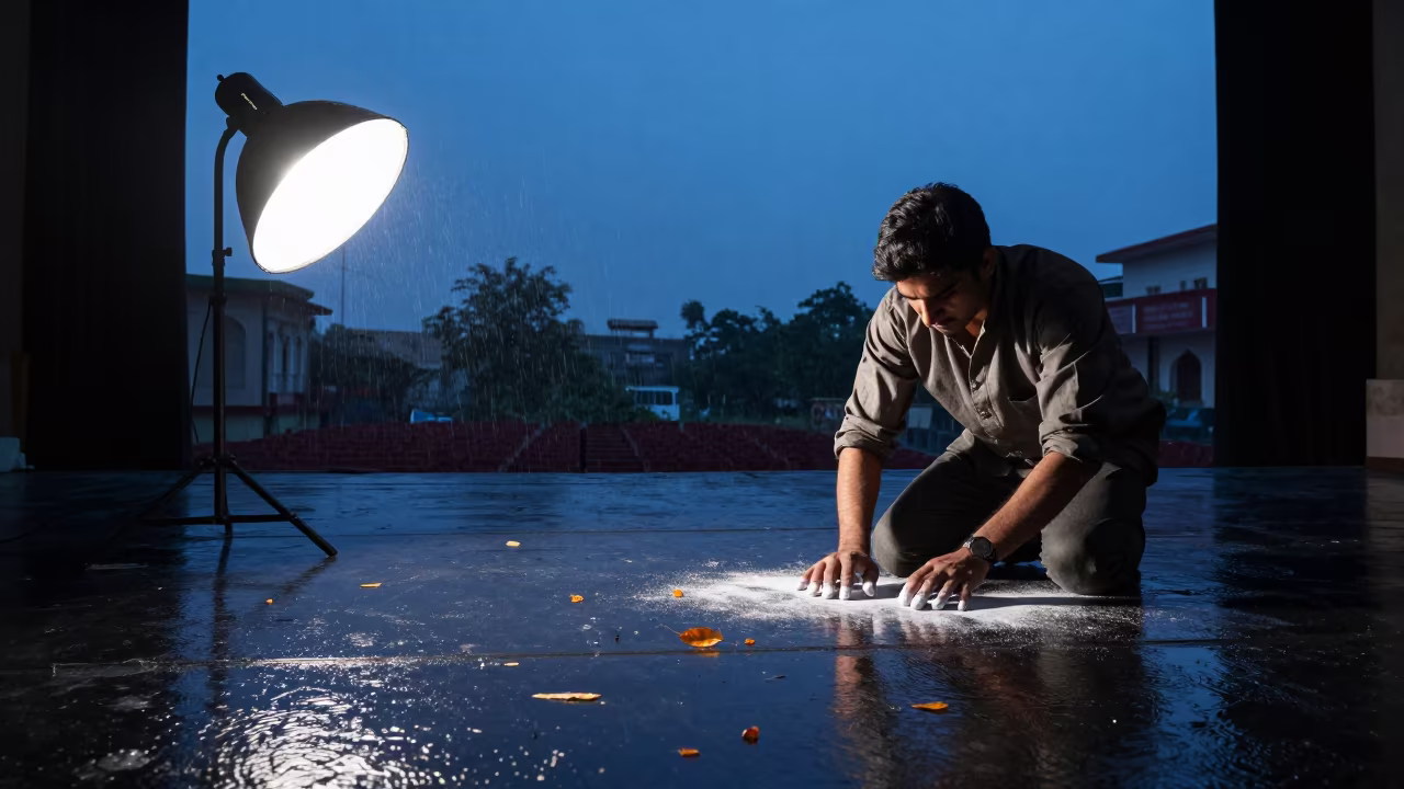 Acrobat Chalks Hands Under Work Lamp in Dera Ismail Khan in on a theater stage in Dera Ismail Khan