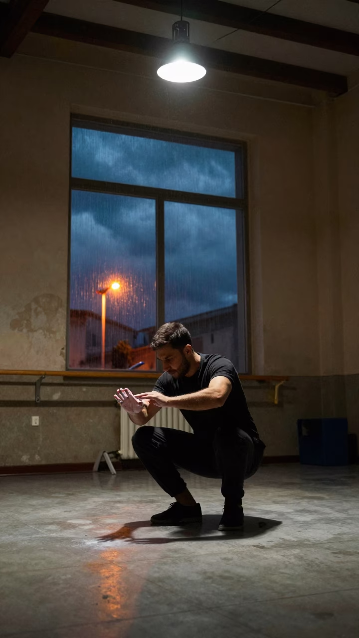Acrobat Chalks Hands Under Lamp in Mosul in in a rehearsal room in Mosul