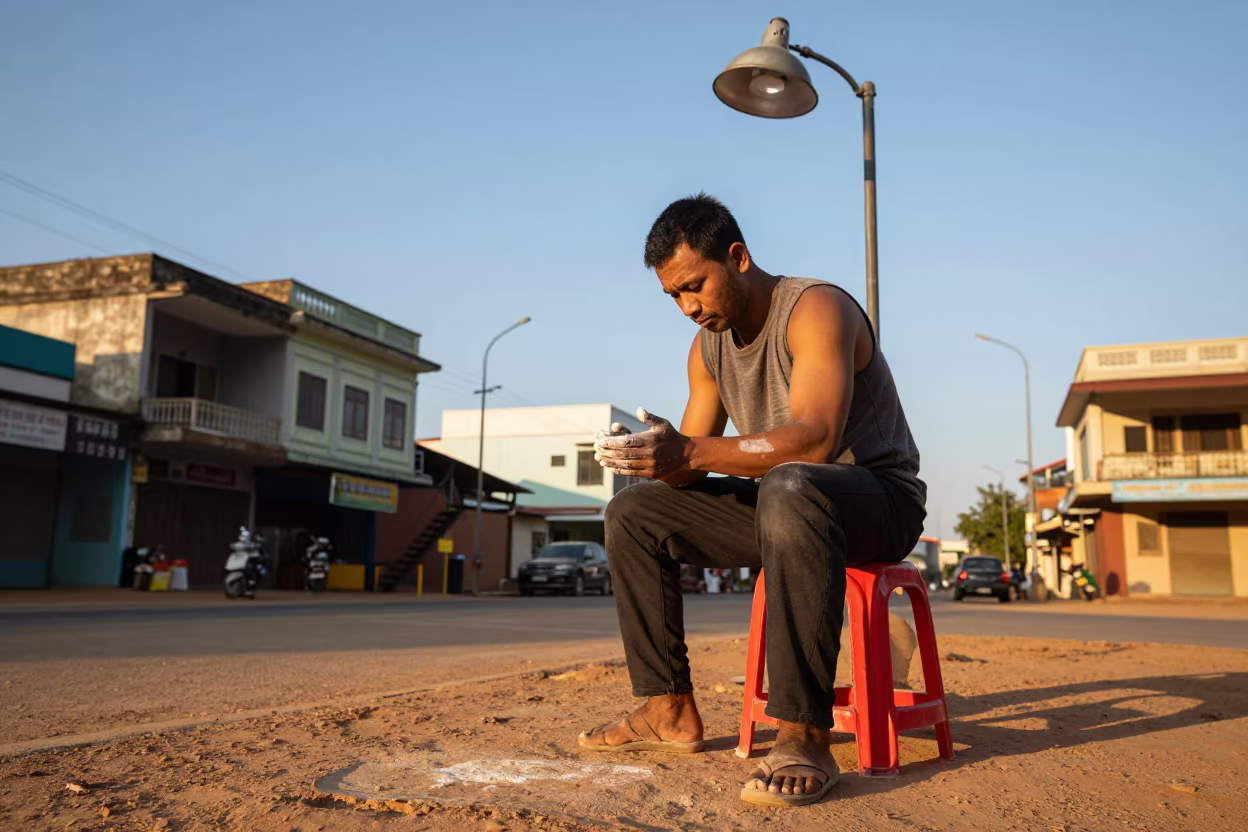 Acrobat Chalks Hands Under Street Lamp in at a street corner busking spot in Kampong Cham