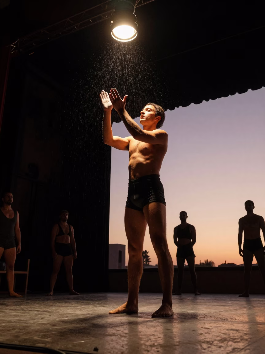Acrobat Chalks Hands Under Work Lamp at Sunset in on a dimly lit stage in Menouf