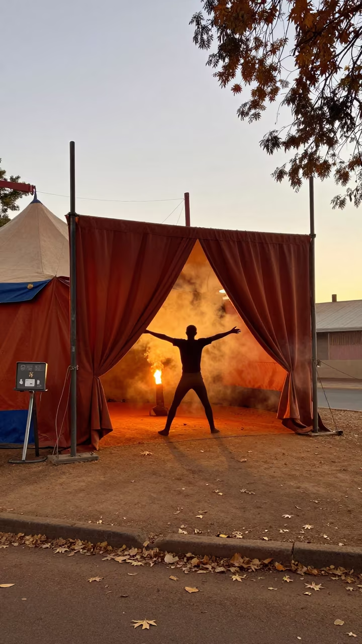 Acrobat Stretching Behind Curtain Golden Hour Firelight in at a street corner busking spot in Bloemfontein
