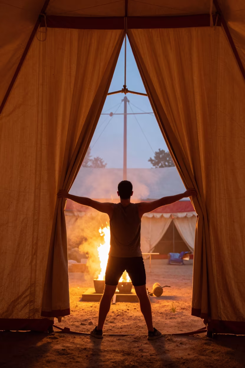 Acrobat Stretching Behind Circus Tent Curtain Gaziantep in under a circus tent in Gaziantep