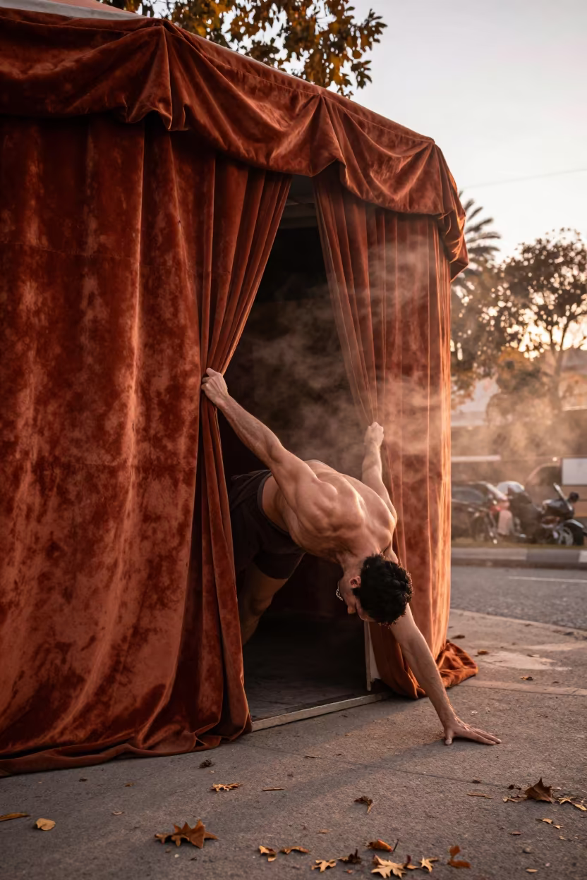 Acrobat Stretching Behind Curtain in Autumn Light in at a street corner busking spot in Comodoro Rivadavia