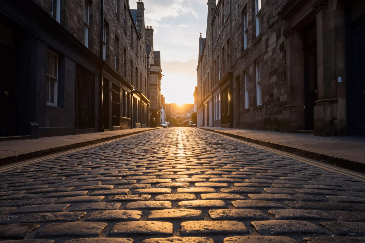 Across Cobblestones in Edinburgh at As The Sun Drops Toward The Horizon in in Edinburgh, United Kingdom