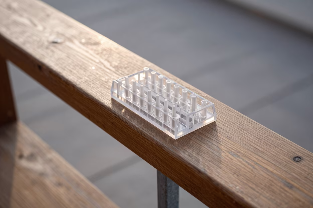 Acrylic Tip Organizer on Pier Railing in Dawn Light in on a pier railing near Shiraz