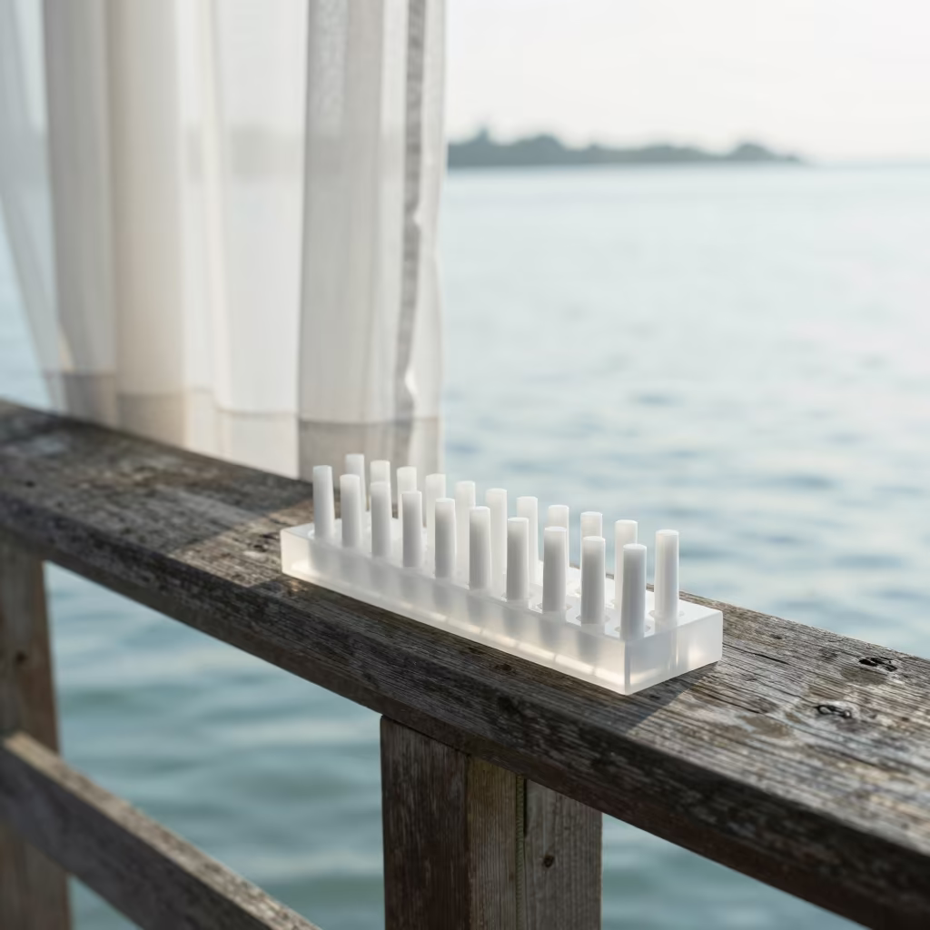 Acrylic Tips Organizer on Pier Railing Morning Light in on a pier railing in Pemba
