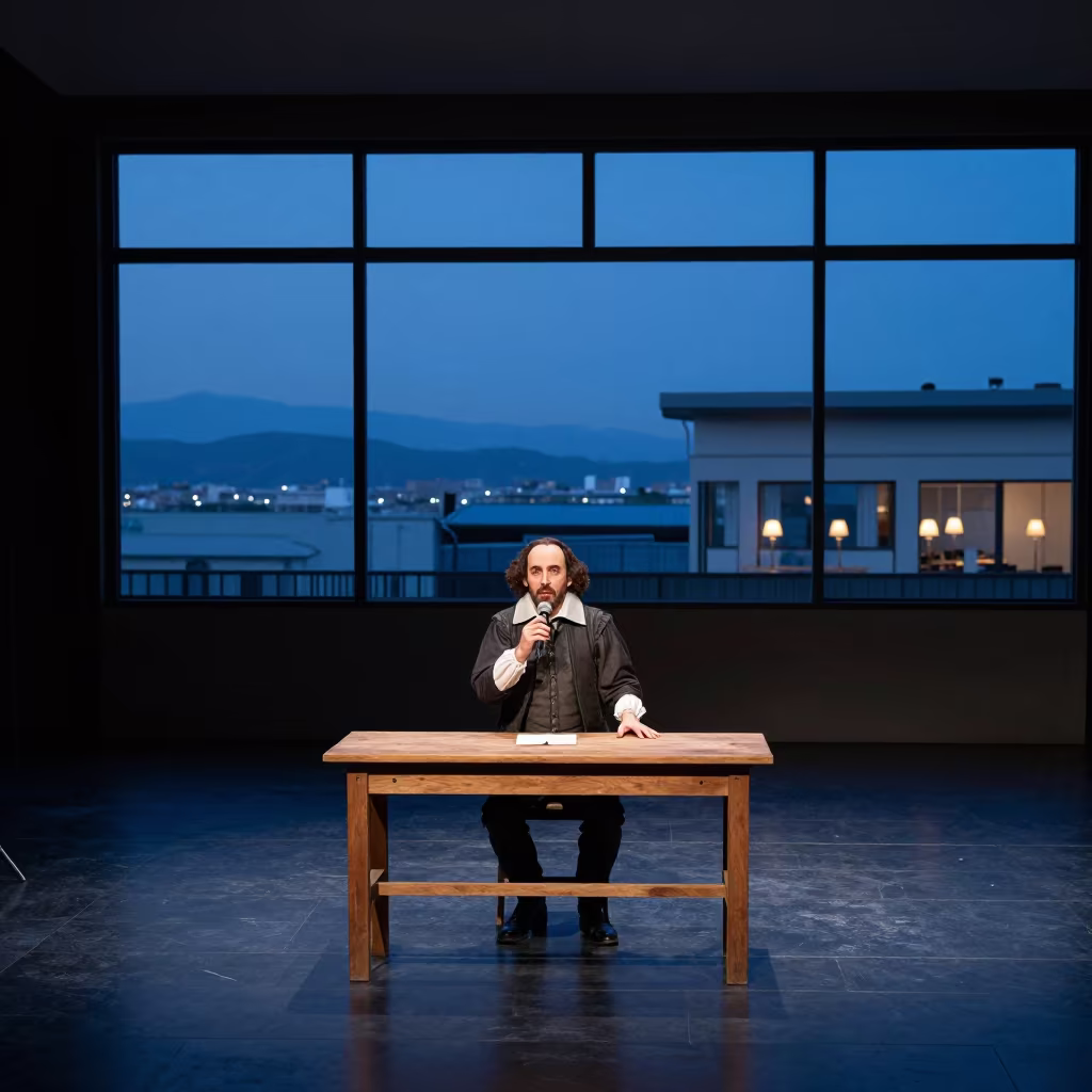 Actor Soliloquy on Wooden Workbench Kobe Blue Hour in on a wooden workbench in Kobe