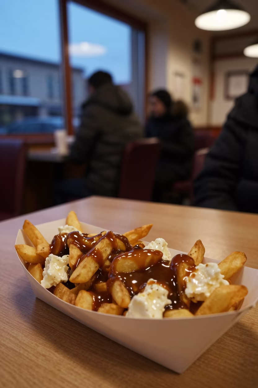 Adana Diner Poutine Boat in Winter Twilight in at a roadside diner table in Adana