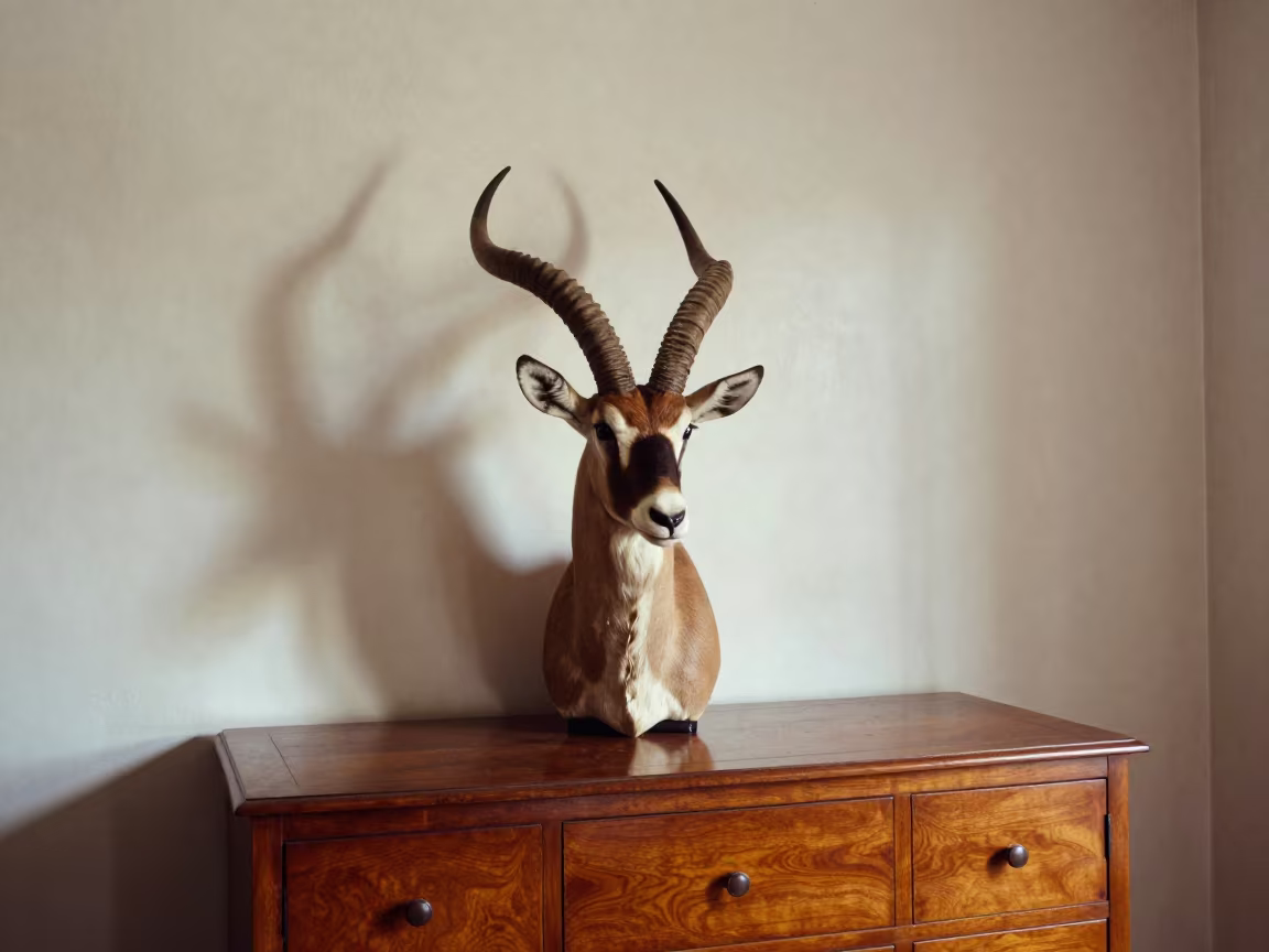 Addax Antelope Taxidermy on Hotel Dresser in on a hotel dresser near Xochimilco, Mexico City