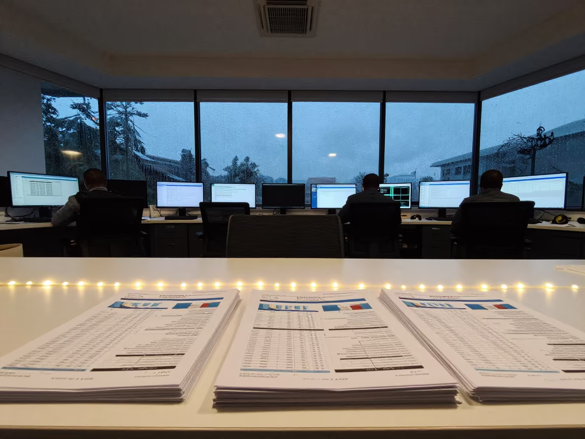 Addis Ababa War Room After Rain Blue Hour in in an operations center under monitor glow in Kazanchis, Addis Ababa