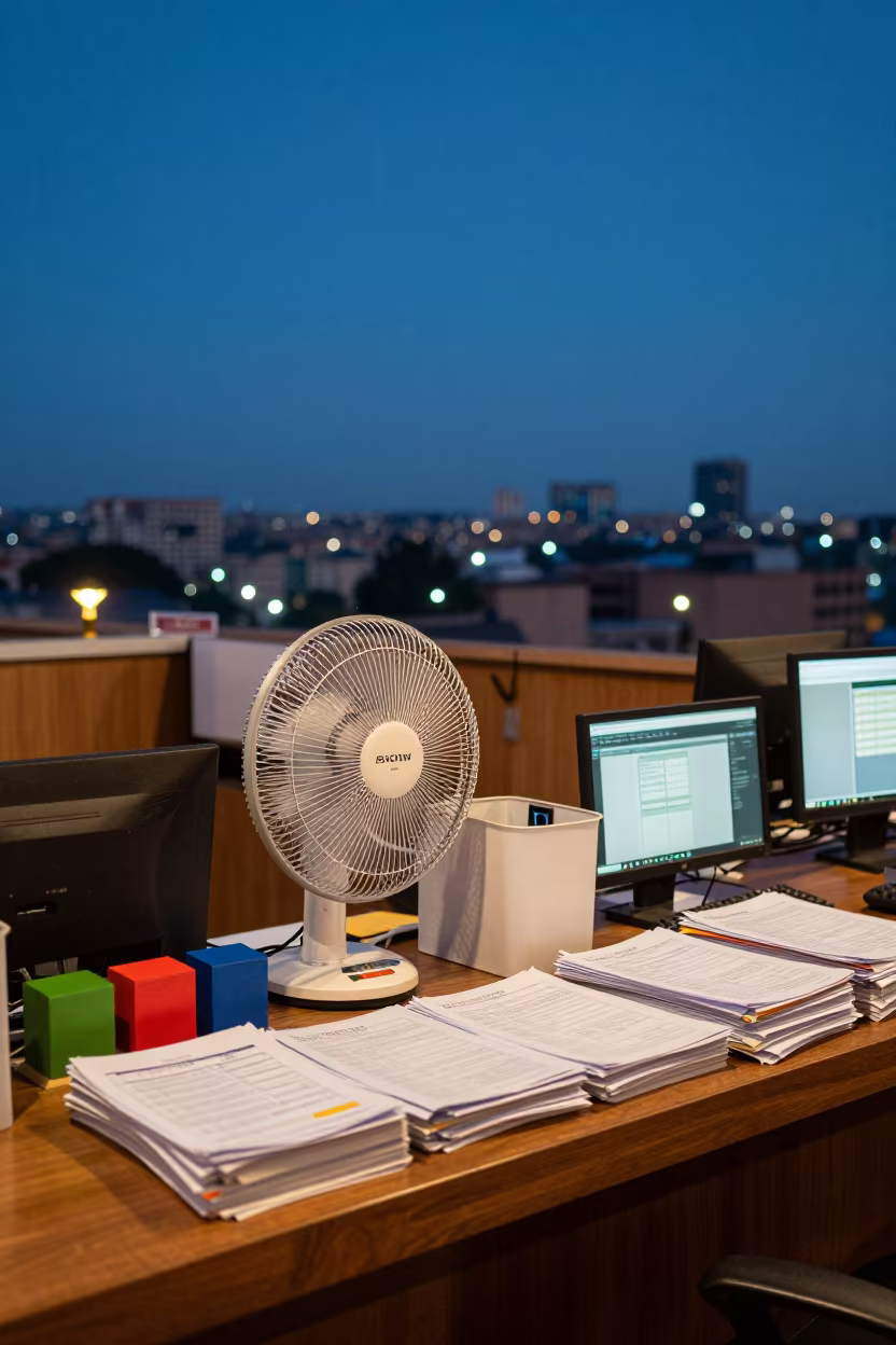 Addis Office Fan Bin Before Payroll Queues in at a reception-side onboarding table near Addis Ababa